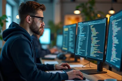 Développeur web analysant des données extraites par un scraper Python SEO sur un écran ultrawide dans un bureau moderne