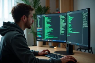 Développeur utilisant les commandes pushd et popd dans un terminal Linux sur un bureau minimaliste