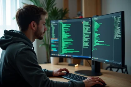 Développeur utilisant les commandes pushd et popd dans un terminal Linux sur un bureau minimaliste