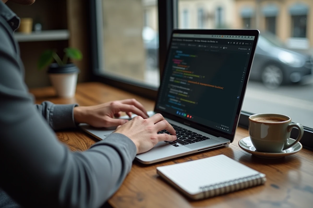 Mains d'un développeur WordPress tapant sur un ordinateur portable dans un café français avec interface WordPress visible