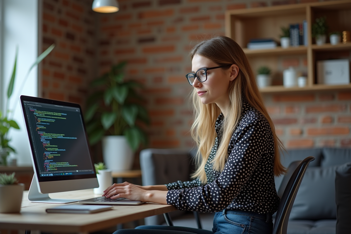 Jeune femme programmeuse travaillant sur un ordinateur portable