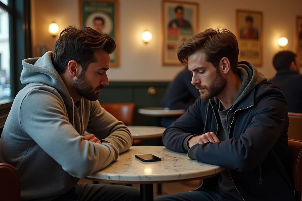 Deux hommes discutant de la légalité du téléphone chiffré PGP dans un café parisien
