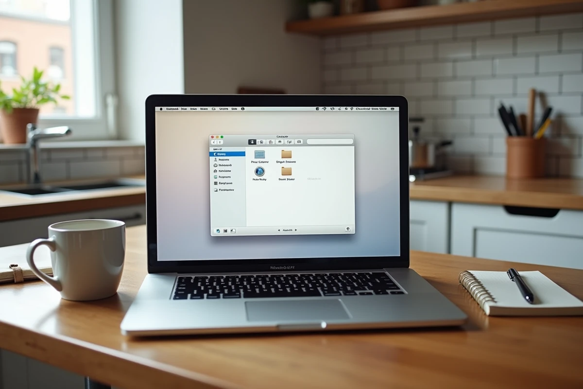 MacBook Air ouvert sur le dossier Cache de macOS dans le Finder, posé sur une table en bois avec un café, illustrant le nettoyage manuel du cache système