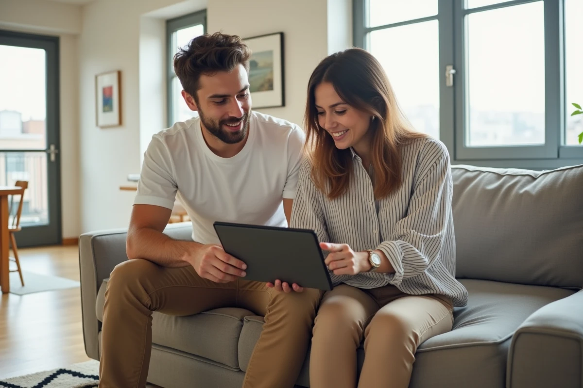 Deux personnes comparant des plateformes de création de site internet sur une tablette dans un appartement moderne