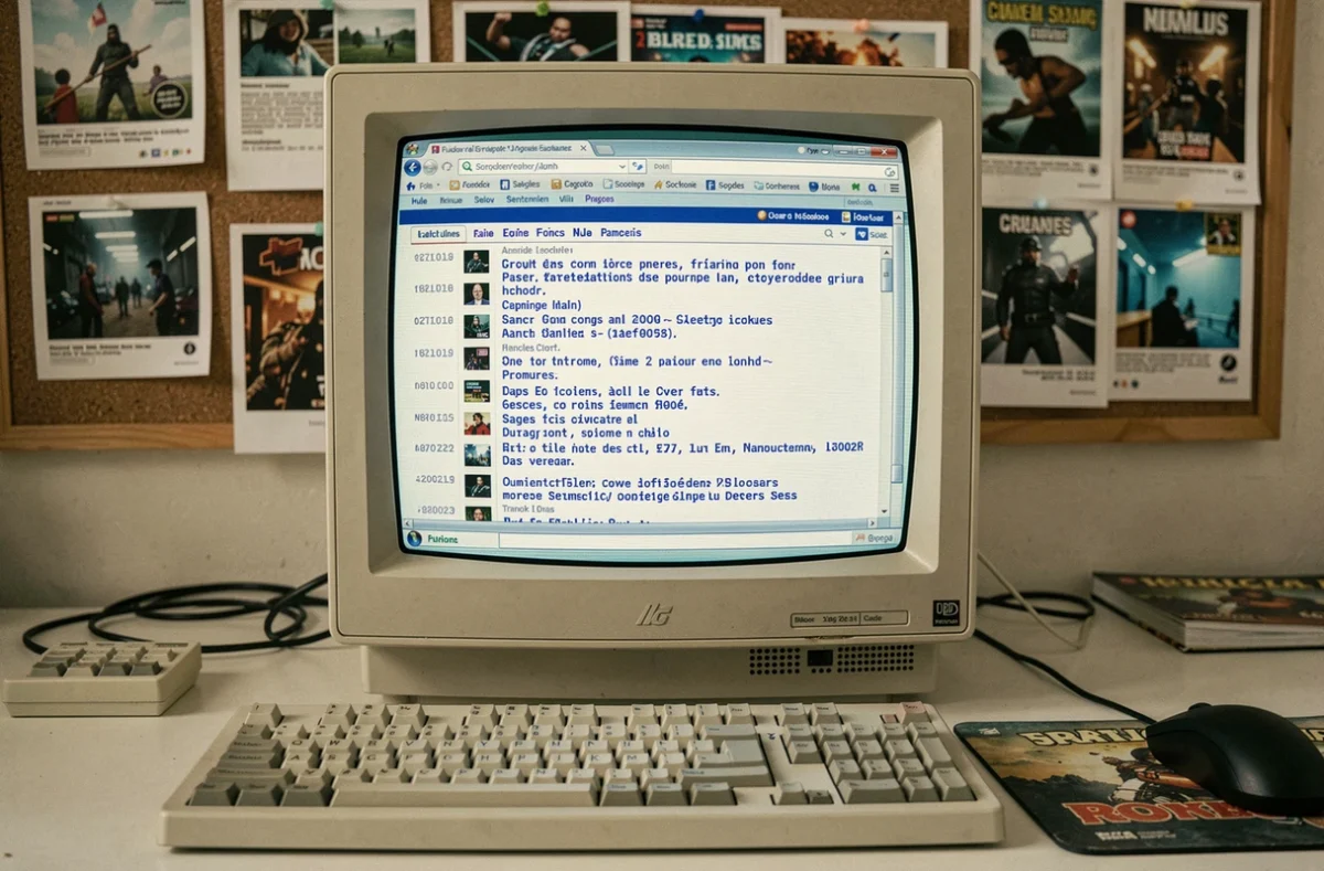 Écran CRT rétro affichant une interface d'archives de forum de jeux vidéo des années 2000 sur un bureau nostalgique