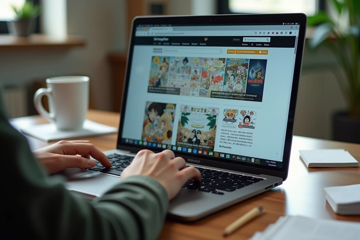Écran d'ordinateur affichant une interface de site de lecture de mangas avec des pop-ups et des avertissements suspects