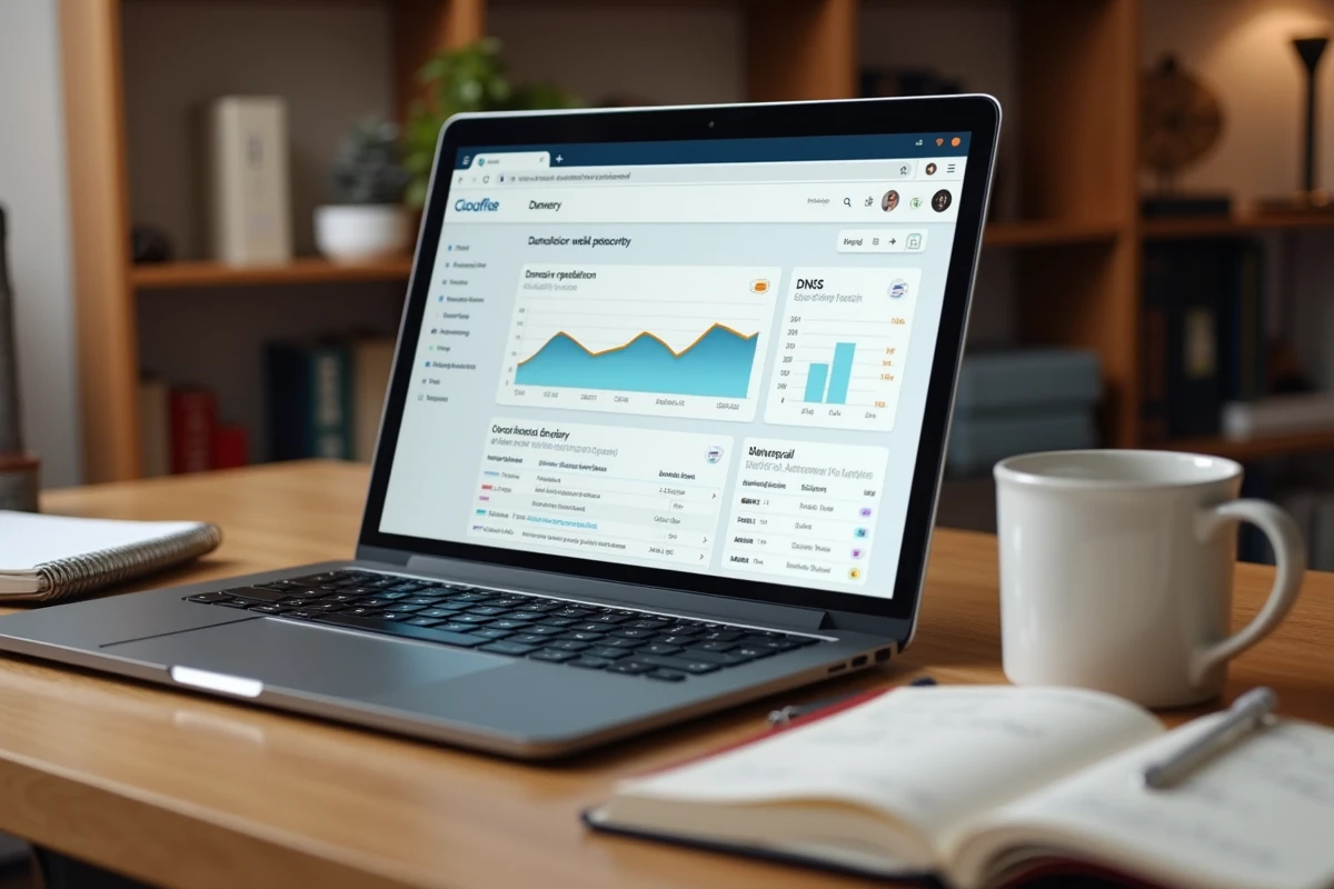 Écran d'ordinateur portable affichant un tableau de bord d'analyse de domaine Cloudflare avec scores de réputation et données DNS sur un bureau de travail