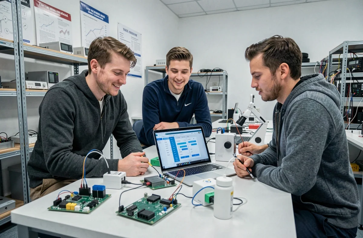 Équipe de l'EID Lab travaillant sur un projet d'application mobile connectée dans un laboratoire d'innovation
