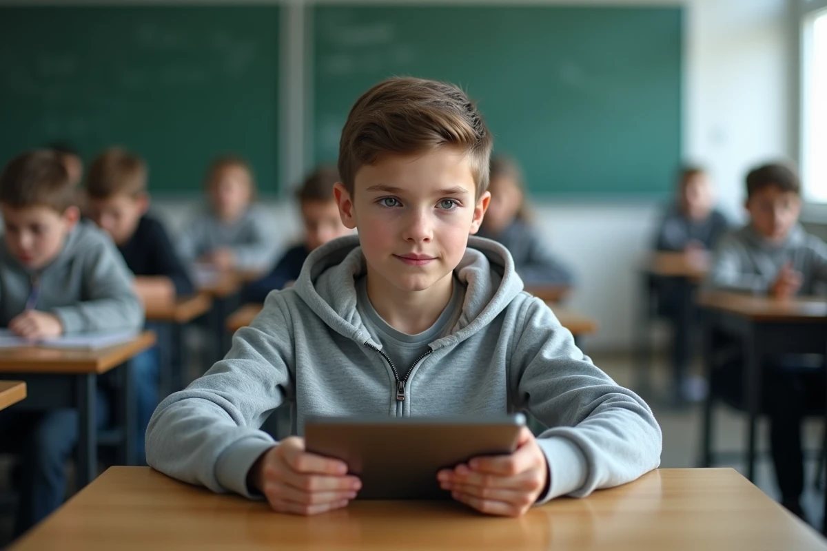 Élève de collège utilisant une tablette pour se connecter à son compte élève sur l'ENT Paris Classe Numérique en classe