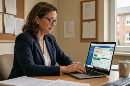 Enseignante utilisant l'intranet académique ac-amiens sur son ordinateur portable en salle des professeurs