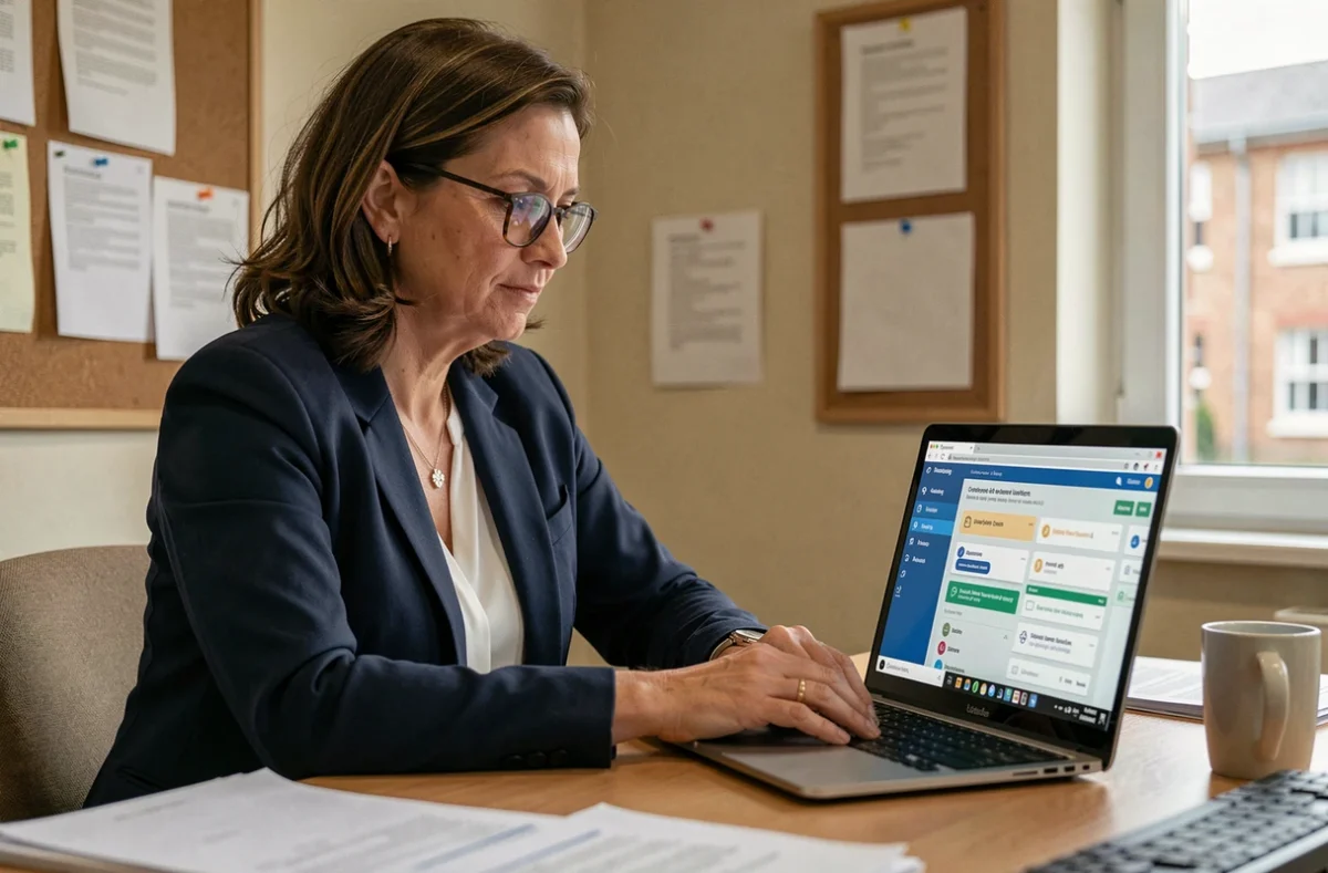 Enseignante utilisant l'intranet académique ac-amiens sur son ordinateur portable en salle des professeurs