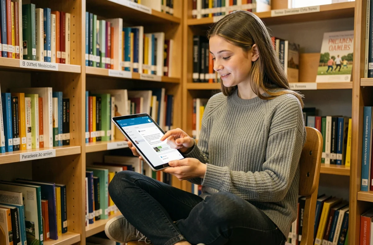 Jeune enseignante consultant sa messagerie professionnelle ac-amiens sur tablette dans une bibliothèque scolaire