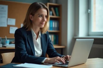 Enseignante utilisant le webmail académique de Versailles sur un ordinateur portable dans un bureau scolaire