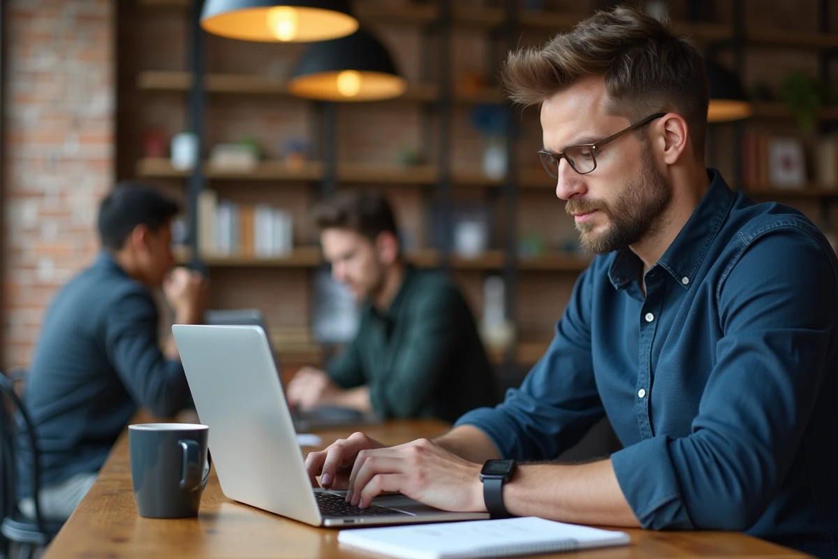 Homme en espace de coworking évaluant un créateur de site web sur son ordinateur portable avec des notes manuscrites