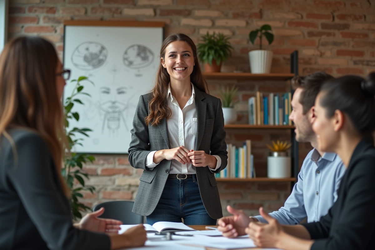 Jeune chef déquipe discutant avec ses collègues