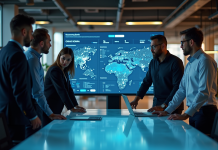Groupe de professionnels analysant un tableau digital moderne