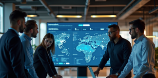 Groupe de professionnels analysant un tableau digital moderne