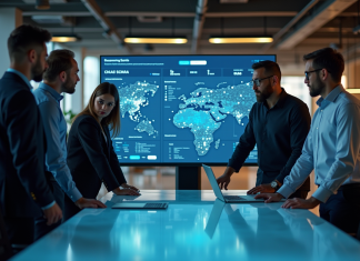Entreprise utilisant l’IA : exemple concret et inspirant de société innovante dans l’intelligence artificielle Groupe de professionnels analysant un tableau digital moderne