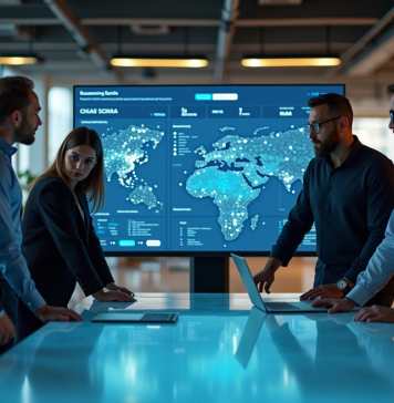 Groupe de professionnels analysant un tableau digital moderne