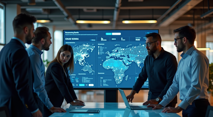 Entreprise utilisant l’IA : exemple concret et inspirant de société innovante dans l’intelligence artificielle Groupe de professionnels analysant un tableau digital moderne