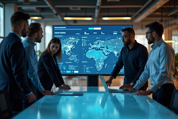 Groupe de professionnels analysant un tableau digital moderne