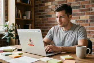 Homme concentré face à un message d'erreur de connexion sur son ordinateur portable dans un bureau à domicile