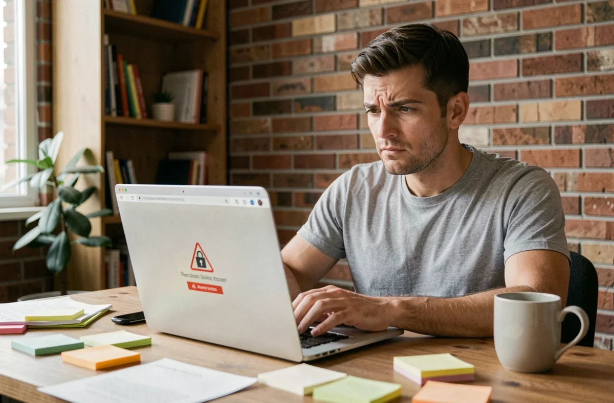 Homme concentré face à un message d'erreur de connexion sur son ordinateur portable dans un bureau à domicile
