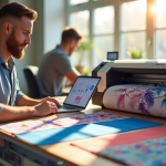 Espace de travail moderne avec un designer comparant des imprimantes de sublimation