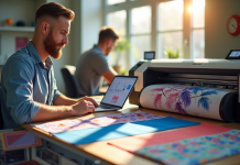 Espace de travail moderne avec un designer comparant des imprimantes de sublimation