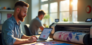 Espace de travail moderne avec un designer comparant des imprimantes de sublimation