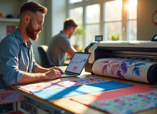Espace de travail moderne avec un designer comparant des imprimantes de sublimation