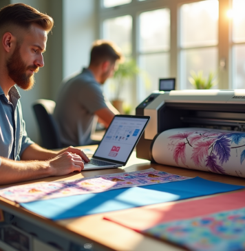 Espace de travail moderne avec un designer comparant des imprimantes de sublimation