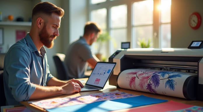 Espace de travail moderne avec un designer comparant des imprimantes de sublimation