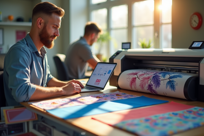 espace-travail-designers-imprimantes Espace de travail moderne avec un designer comparant des imprimantes de sublimation
