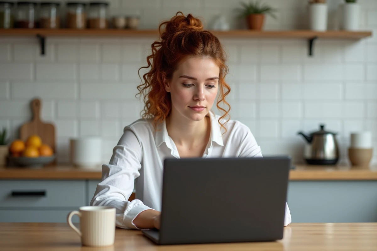 Jeune femme suivant les étapes de connexion à la messagerie Versailles sur son ordinateur portable dans la cuisine