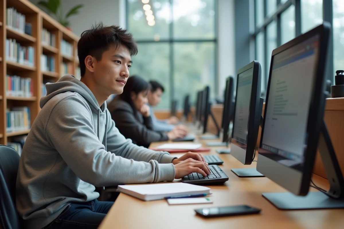Étudiant accédant à son webmail académique de l'académie de Versailles dans une bibliothèque universitaire
