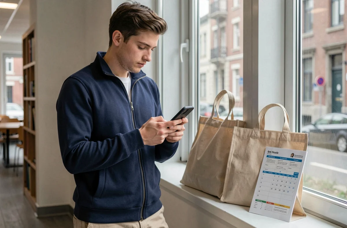 Étudiant consultant son planning de cours sur smartphone dans un espace commun d'une université à Lille