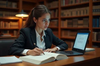 Étudiante en droit utilisant une interface IA sur son ordinateur portable entourée de livres juridiques dans une bibliothèque universitaire