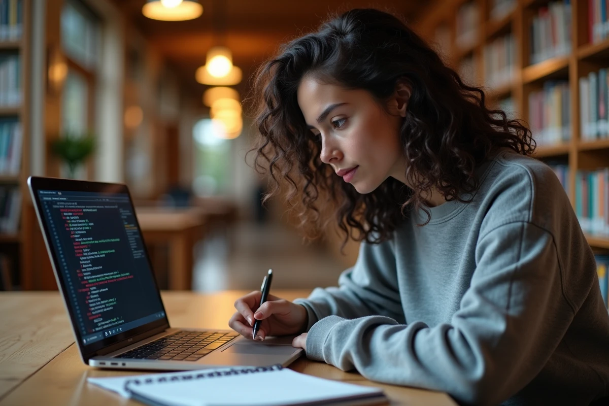 Étudiante résolvant une erreur py-pip introuvable sur son ordinateur portable en bibliothèque universitaire