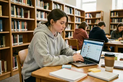 Étudiante utilisant sa messagerie Zimbra sur un ordinateur portable dans une bibliothèque universitaire de Lille