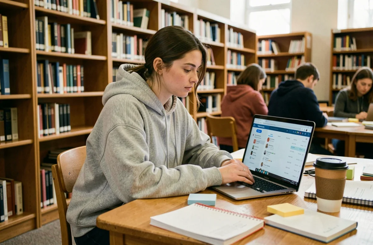 Étudiante utilisant sa messagerie Zimbra sur un ordinateur portable dans une bibliothèque universitaire de Lille