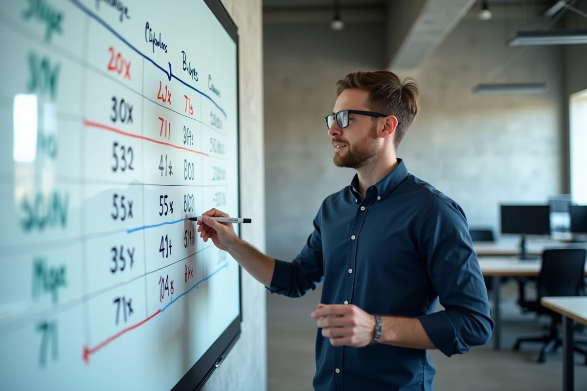 Homme expliquant un tableau de conversion octets et unités numériques sur un tableau blanc en bureau tech