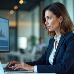 Impact du numérique sur les salariés : conséquences et enjeux pour l’entreprise Femme d'affaires en costume navy travaillant sur un ordinateur