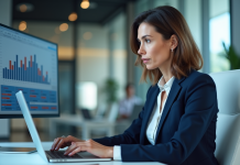 Femme d'affaires en costume navy travaillant sur un ordinateur