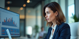 Impact du numérique sur les salariés : conséquences et enjeux pour l’entreprise Femme d'affaires en costume navy travaillant sur un ordinateur