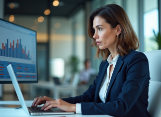 Impact du numérique sur les salariés : conséquences et enjeux pour l’entreprise Femme d'affaires en costume navy travaillant sur un ordinateur