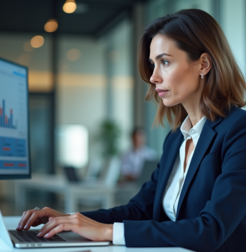 Impact du numérique sur les salariés : conséquences et enjeux pour l’entreprise Femme d'affaires en costume navy travaillant sur un ordinateur