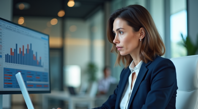 Impact du numérique sur les salariés : conséquences et enjeux pour l’entreprise Femme d'affaires en costume navy travaillant sur un ordinateur