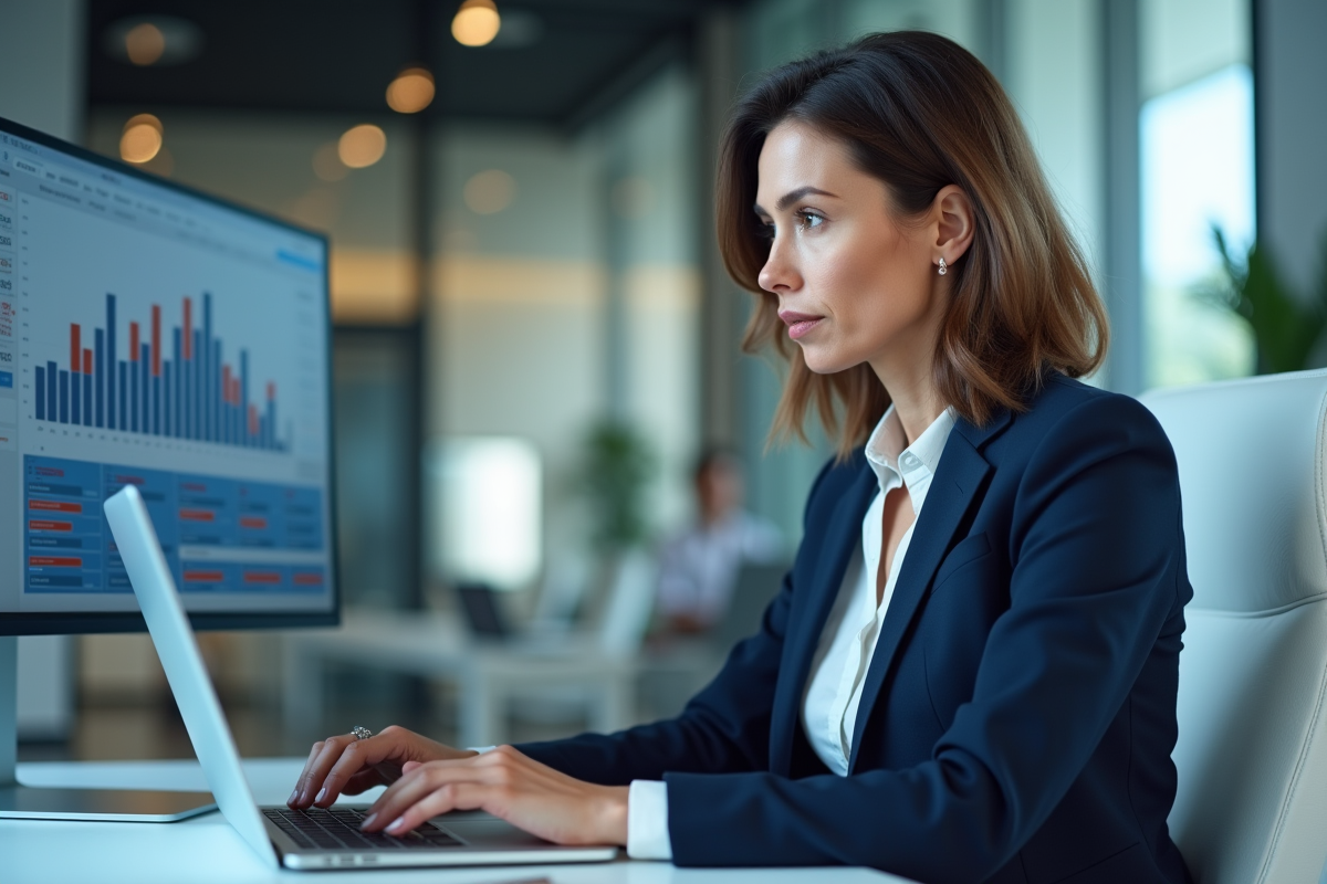 Femme d'affaires en costume navy travaillant sur un ordinateur