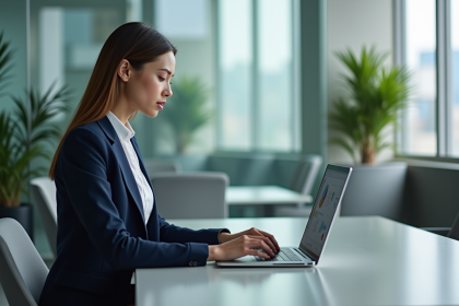 Femme d'affaires en blazer bleu travaillant sur son ordinateur